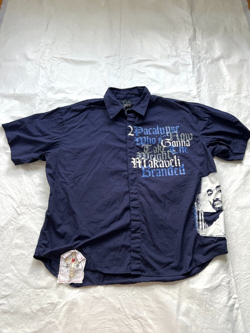 Makaveli Branded shirt short sleeve mens 4XL button front navy blue 2pac patch